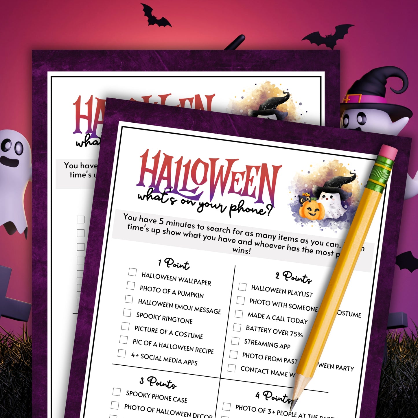 Bring some tech-savvy fun to your Halloween party with the Halloween What's On Your Phone Game!
This interactive game is a great way to get your guests exploring their devices while adding a playful twist to your spooky celebration.