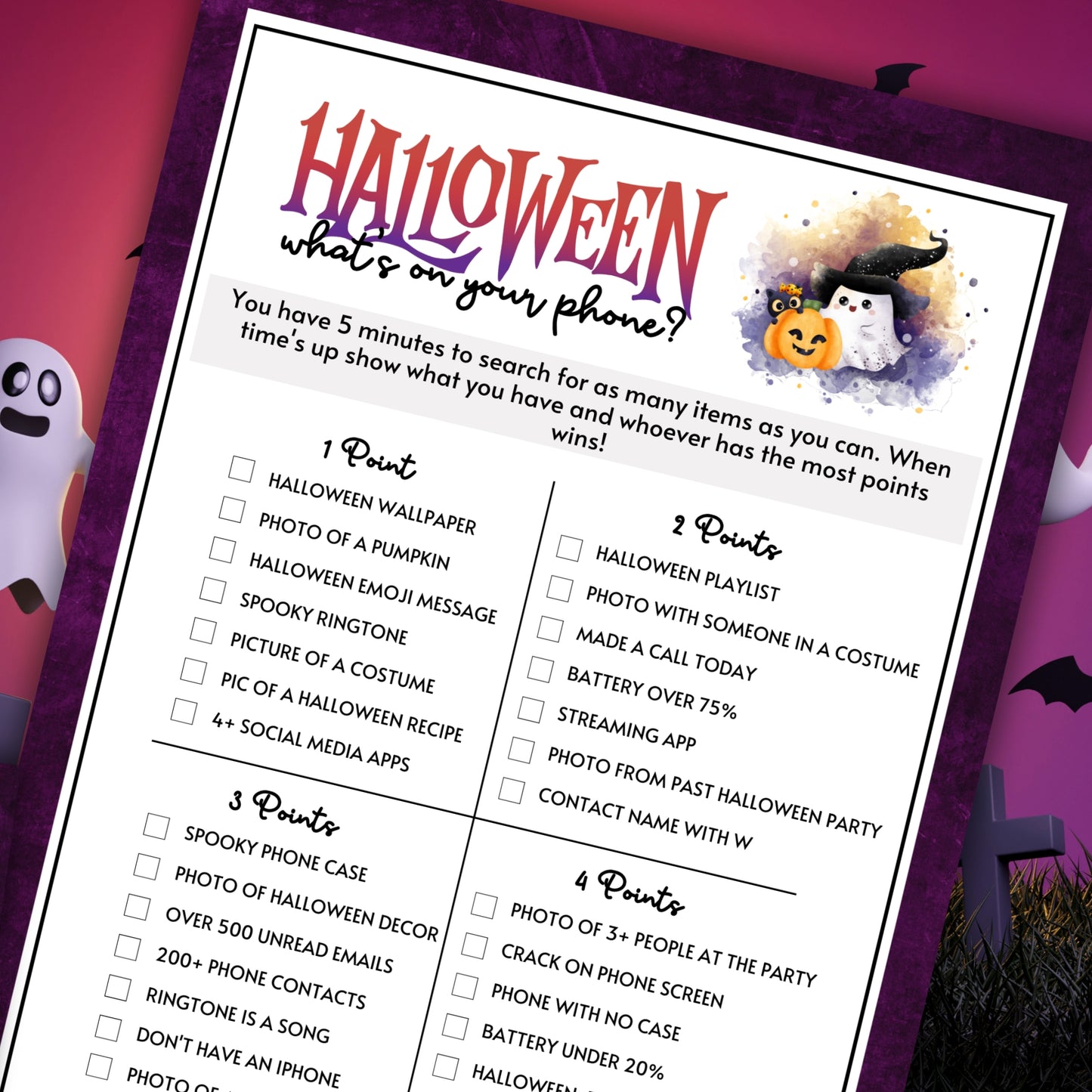 Bring some tech-savvy fun to your Halloween party with the Halloween What's On Your Phone Game!
This interactive game is a great way to get your guests exploring their devices while adding a playful twist to your spooky celebration.