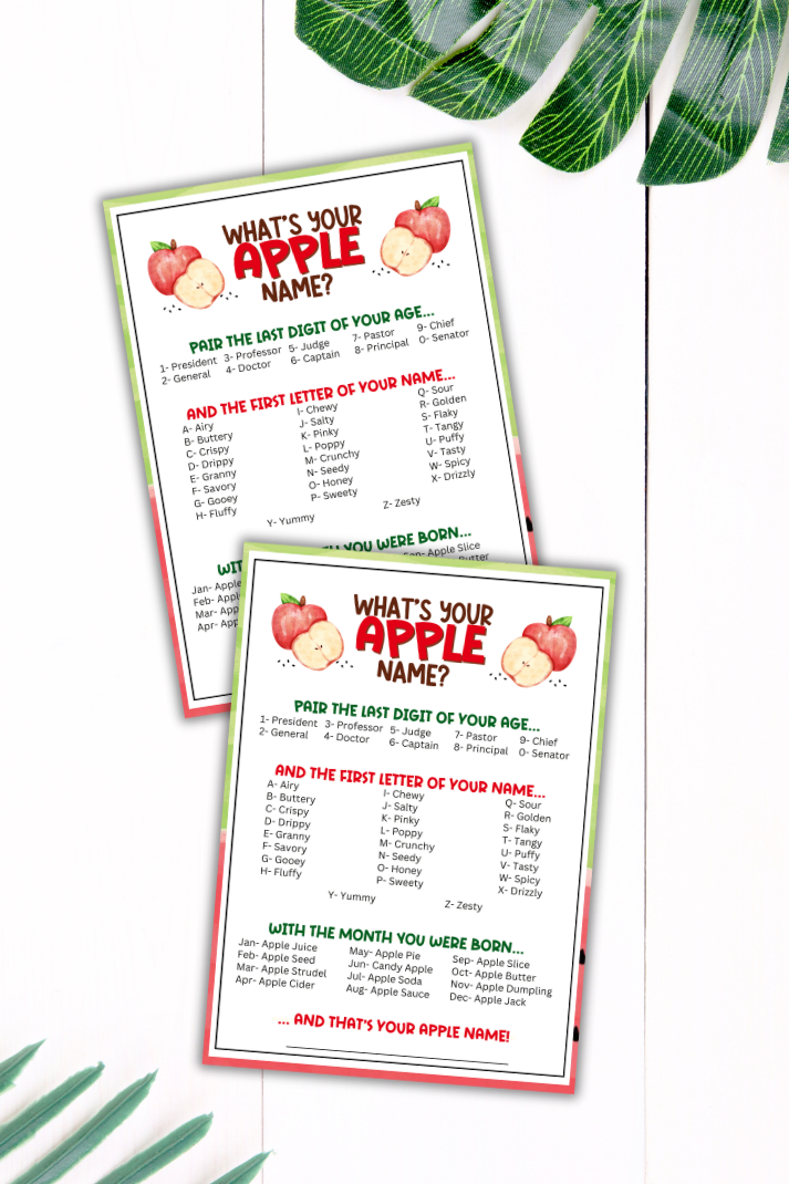 Whether you're setting up an apple bar at a farmers market, organizing an apple orchard trip, planning an apple-themed prom, or looking for a fun back-to-school activity, the "What's Your Apple Name?" game from Party Prints Press is the perfect pick for your event!