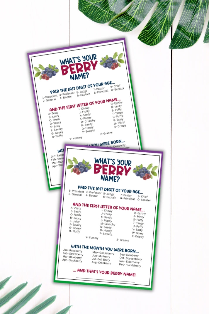 Whether you're celebrating your little one's berry 1st birthday party, hosting a baby shower, or need a cute and fun icebreaker party game to bring people together, this "What's Your Berry Name" printable game from Party Prints Press is just what you need!
