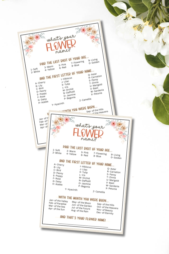Whether you're celebrating your little one's 1st birthday party, hosting a baby shower, gender reveal, garden party, or need a cute and fun icebreaker party game to bring people together, this "What's Your Flower Name" printable game from Party Prints Press is just what you need!