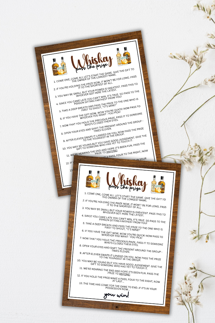 Are you seeking a fun and engaging activity to enjoy with friends at your upcoming alcohol-inspired event, dinner party, bachelor or bachelorette party or even just a pub crawl night on the town? If you need a fun last-minute idea to add to your celebrations, this fun Whiskey-Themed Pass The Prize game from Party Prints Press is just what you need! 
