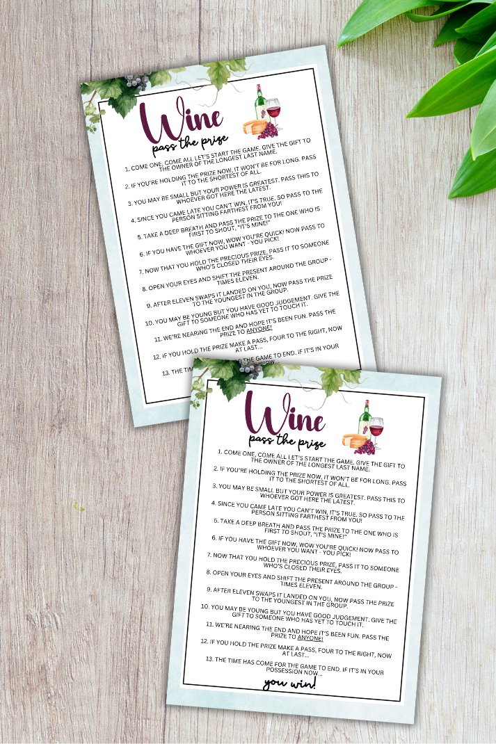 Are you seeking a fun and engaging activity to enjoy with friends at your upcoming alcohol-inspired event, dinner party, bachelor or bachelorette party or even just a pub crawl night on the town?   If you need a fun last-minute idea to add to your celebrations, this fun Wine-Themed Pass The Prize game from Party Prints Press is just what you need! 