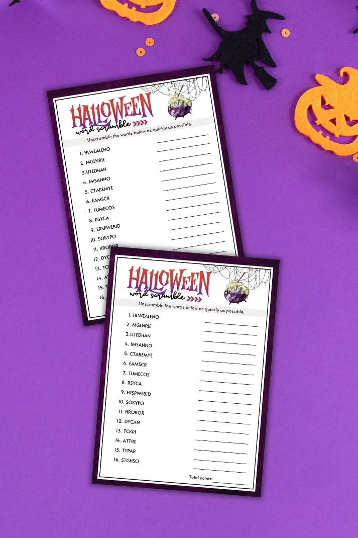 Looking for a fun and easy icebreaker game to play at your Halloween party, work party, office event, book club meeting, pub crawl night, or dinner gathering?
Play this Halloween Word Scramble activity and see who wins!
