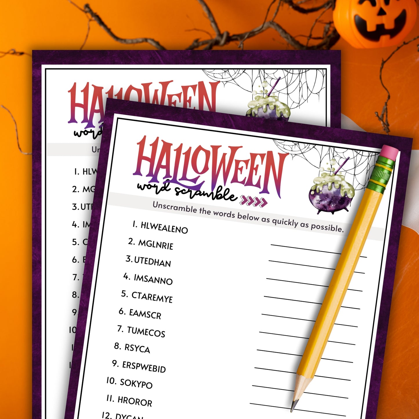 Looking for a fun and easy icebreaker game to play at your Halloween party, work party, office event, book club meeting, pub crawl night, or dinner gathering?
Play this Halloween Word Scramble activity and see who wins!