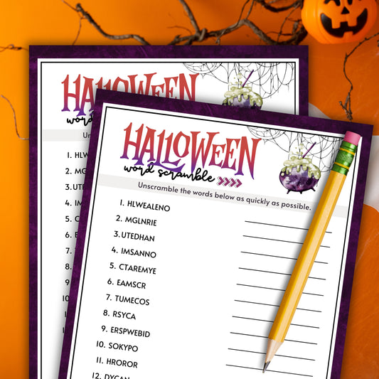 Looking for a fun and easy icebreaker game to play at your Halloween party, work party, office event, book club meeting, pub crawl night, or dinner gathering?
Play this Halloween Word Scramble activity and see who wins!