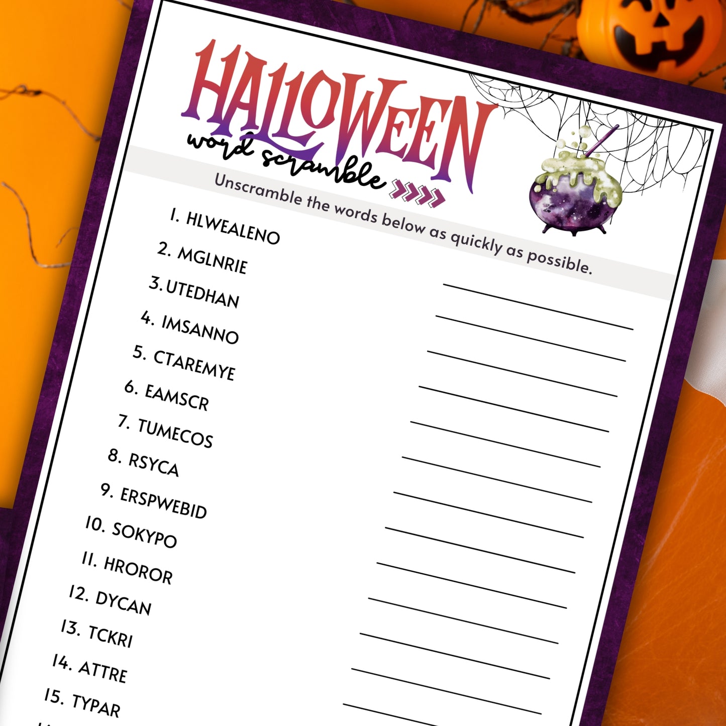 Looking for a fun and easy icebreaker game to play at your Halloween party, work party, office event, book club meeting, pub crawl night, or dinner gathering?
Play this Halloween Word Scramble activity and see who wins!
