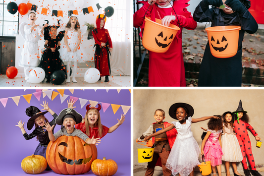 collage of four images of children dressed for halloween celebrations