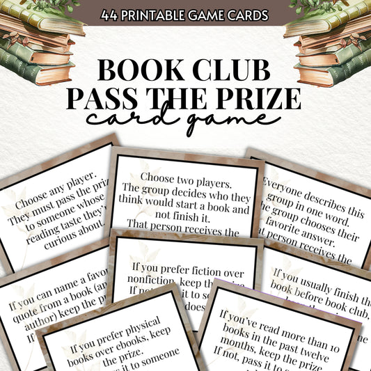 Book Club Pass the Prize card game with text and book imagery on a white background