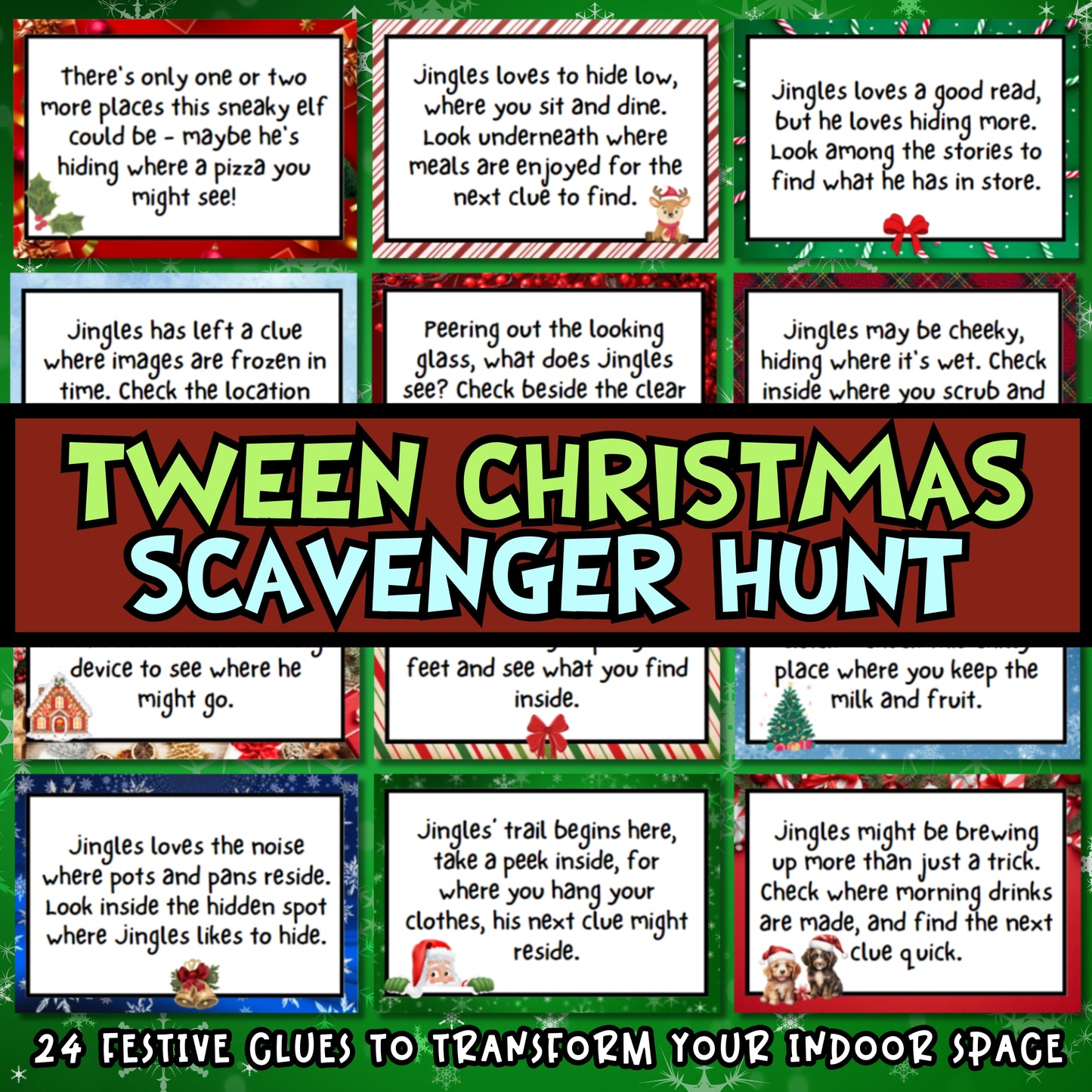 Are you looking for a fun and engaging game for your Christmas event?  Designed with tweens in mind, younger children can also join in on the fun with some assistance. This interactive game leads players on a thrilling adventure to catch the mischievous, greedy elf named Jingles, who has stolen a bag of Santa's Christmas treasure. Players solve festive riddles to uncover hidden clues and reclaim the stolen treasure.