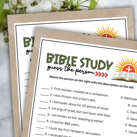 printable bible study who am i game sheets on a white floral background