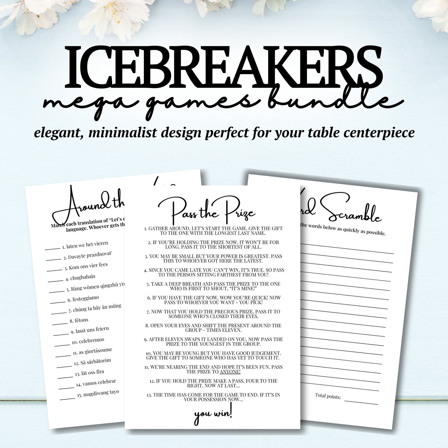 Icebreakers games bundle with elegant, minimalist design on a light blue background