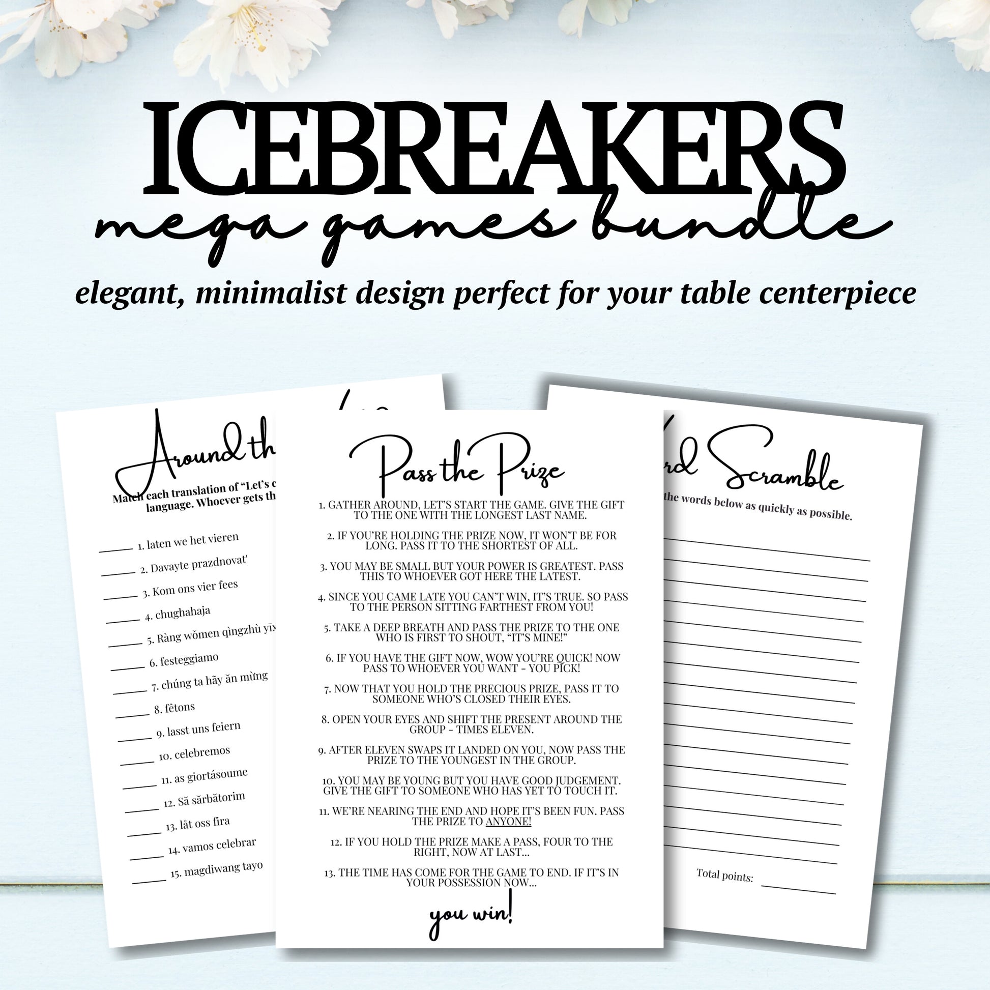 Icebreakers games bundle with elegant, minimalist design on a light blue background