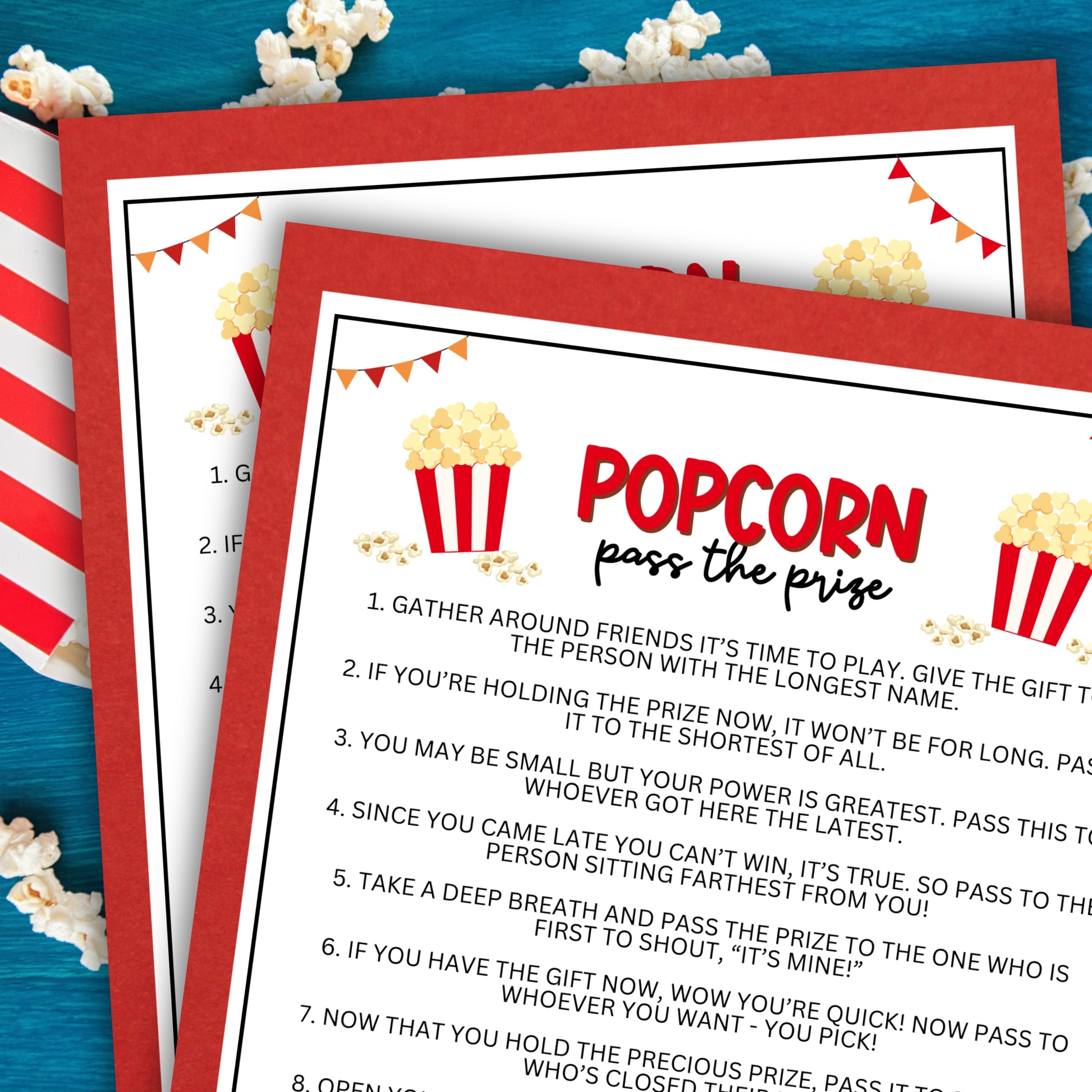 Are you looking for a unique and entertaining activity to add to your upcoming popcorn-themed birthday party, bridal shower, baby shower, fundraiser, office party, or other fun event?  If you need a last-minute idea to liven up your celebrations, this exciting Popcorn-Themed Pass the Prize game from Party Prints Press is the perfect addition to your popcorn party or popcorn bar theme!