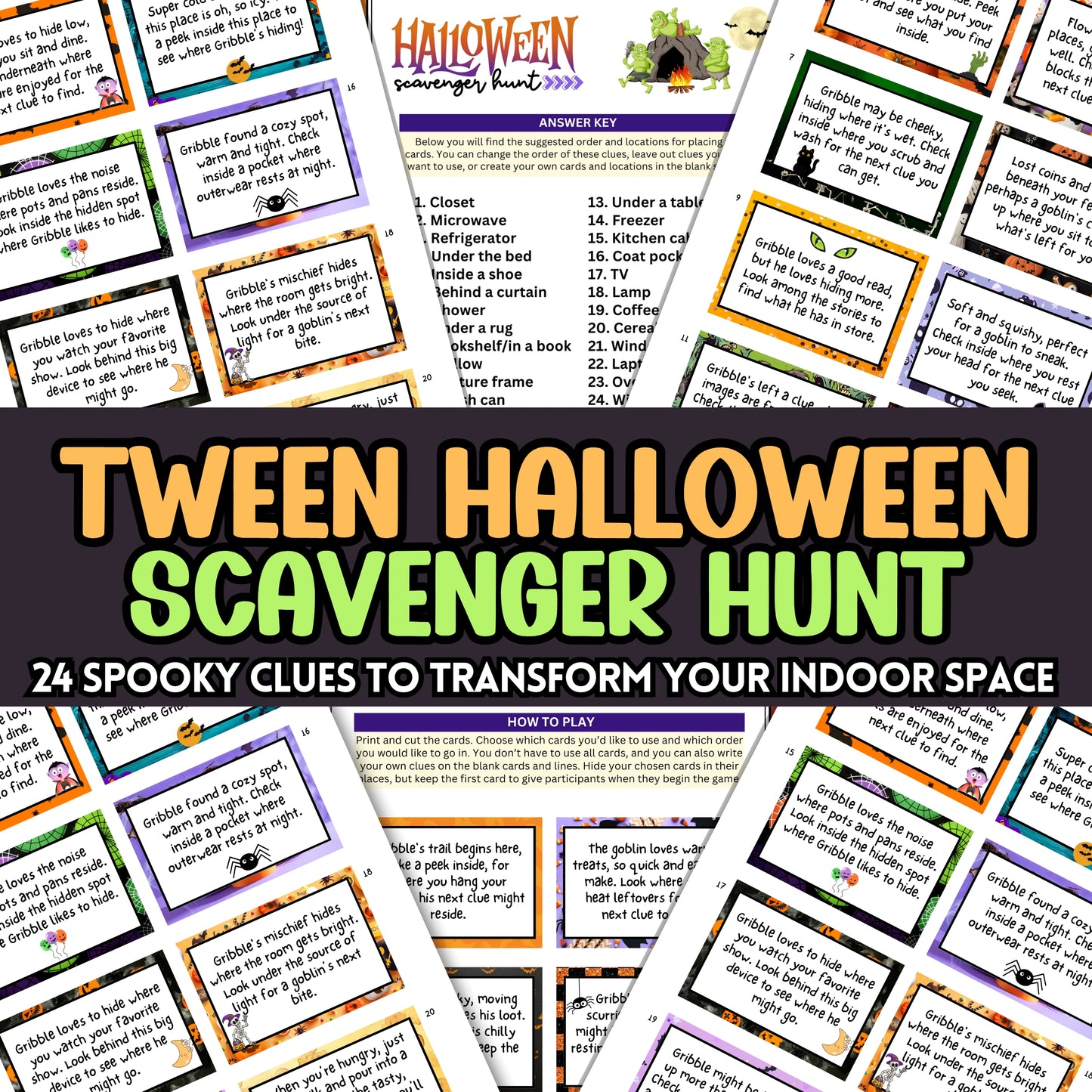 Whether you're hosting a Halloween party, a fundraiser event, or need a classroom resource for teachers, this Halloween Scavenger Hunt is just what you need.  Designed with tweens in mind, younger children can also join in on the fun with some assistance. This interactive game leads players on a thrilling adventure to catch the mischievous, Greedy Goblin named Gribble, who has stolen a bag of magical candies. Players solve spooky riddles to uncover hidden clues and reclaim the stolen treasure.