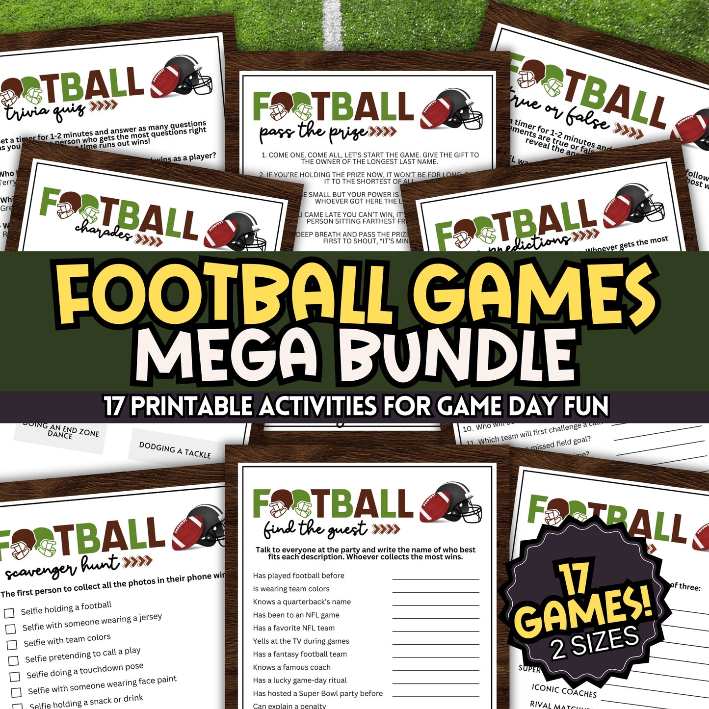 Football games mega bundle with various printable activities on a green background