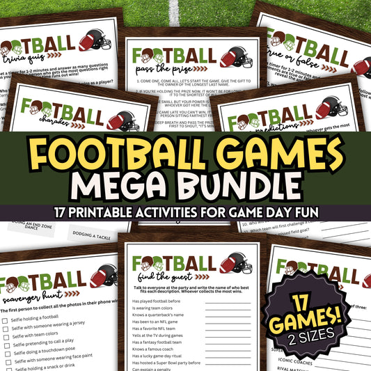 Football games mega bundle with various printable activities on a green background