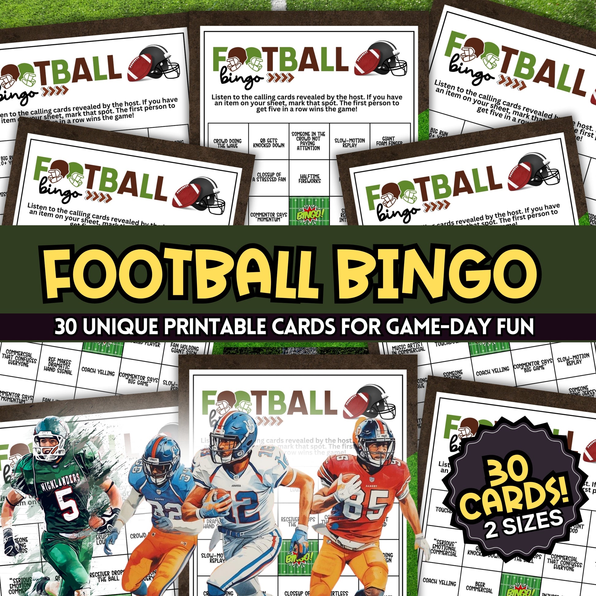 Football bingo game with 30 unique printable cards for game-day fun, featuring images of football players and text about the product.