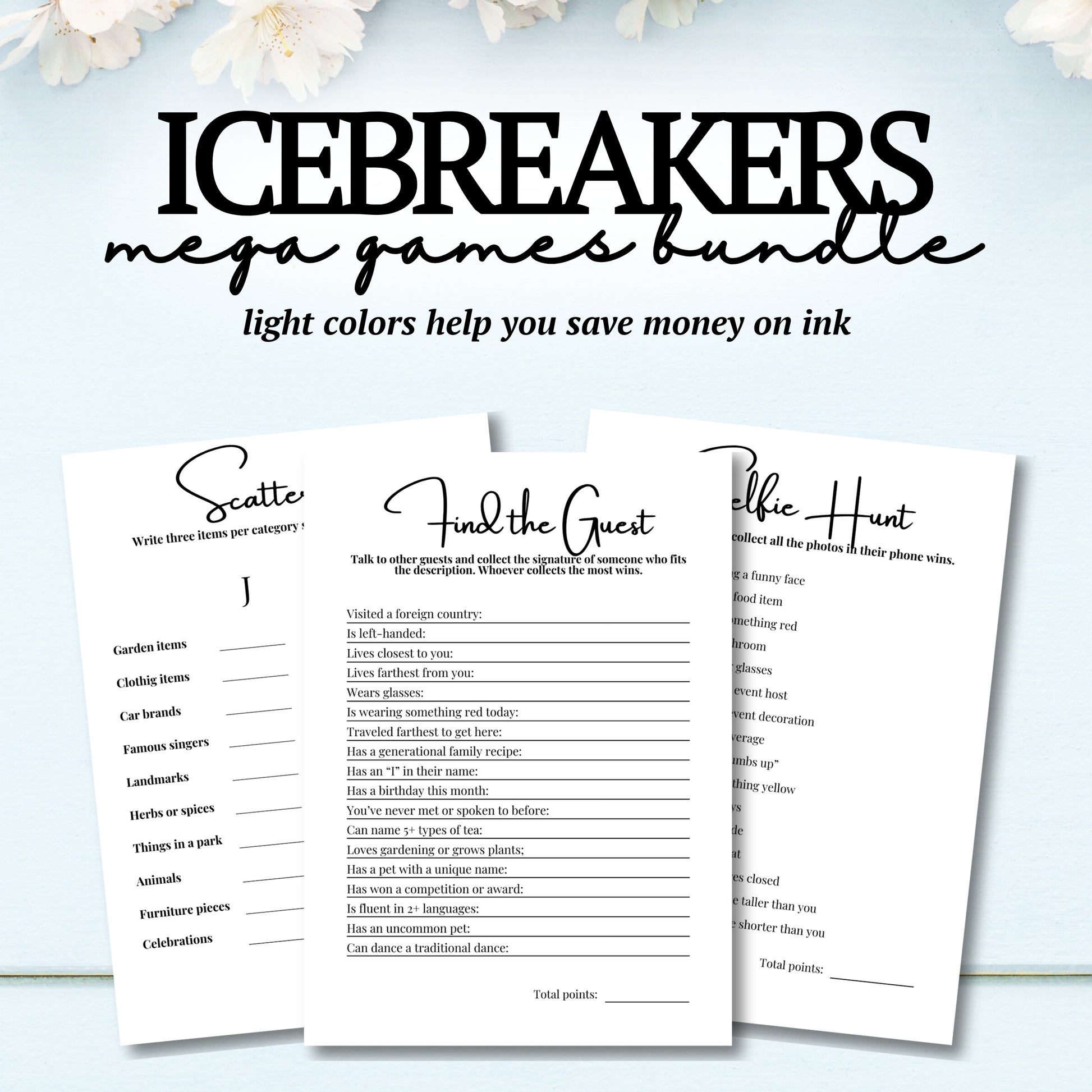 Icebreakers games bundle with text on a light blue background
