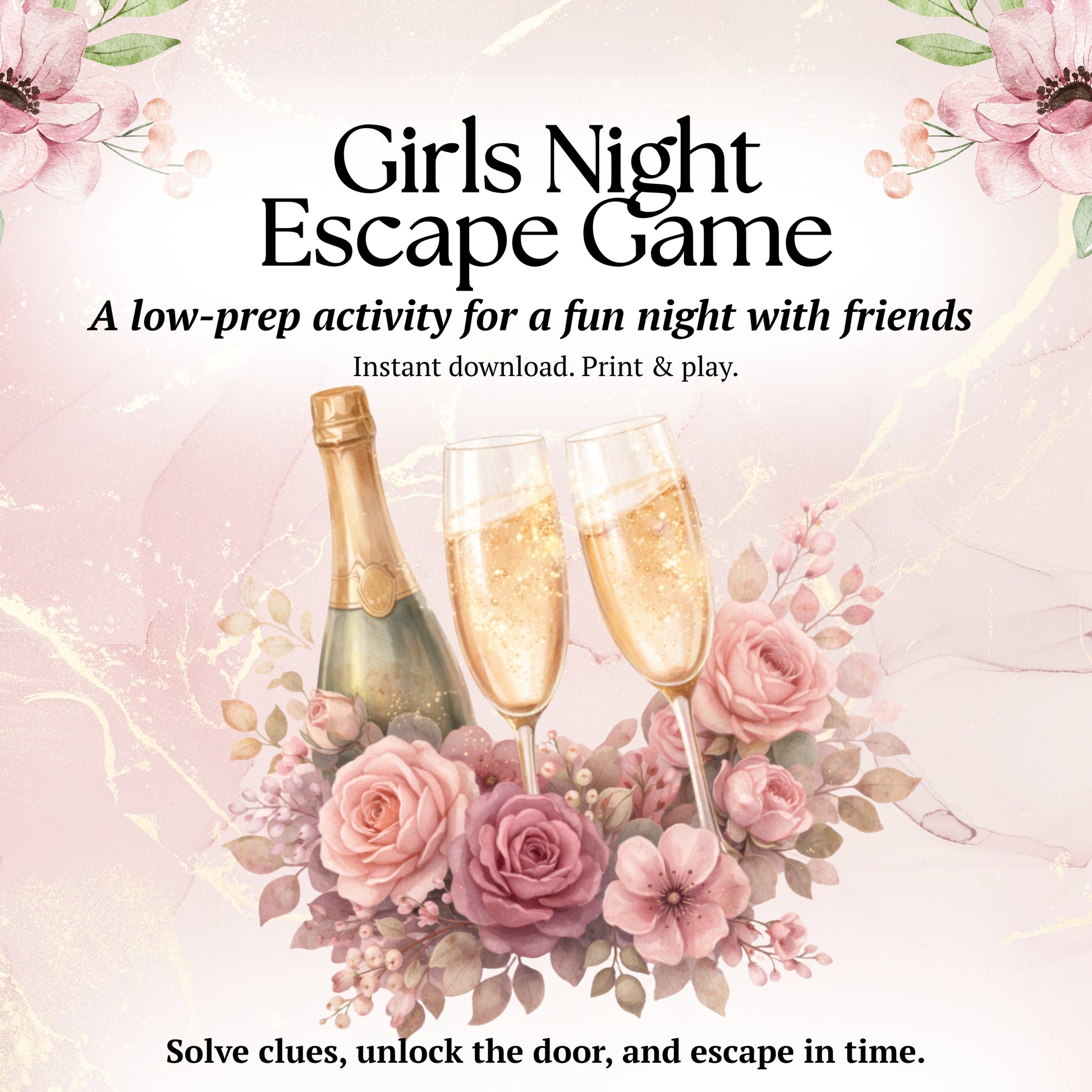 Promotional image for 'Girls Night Escape Game' with champagne and flowers on a pink background.