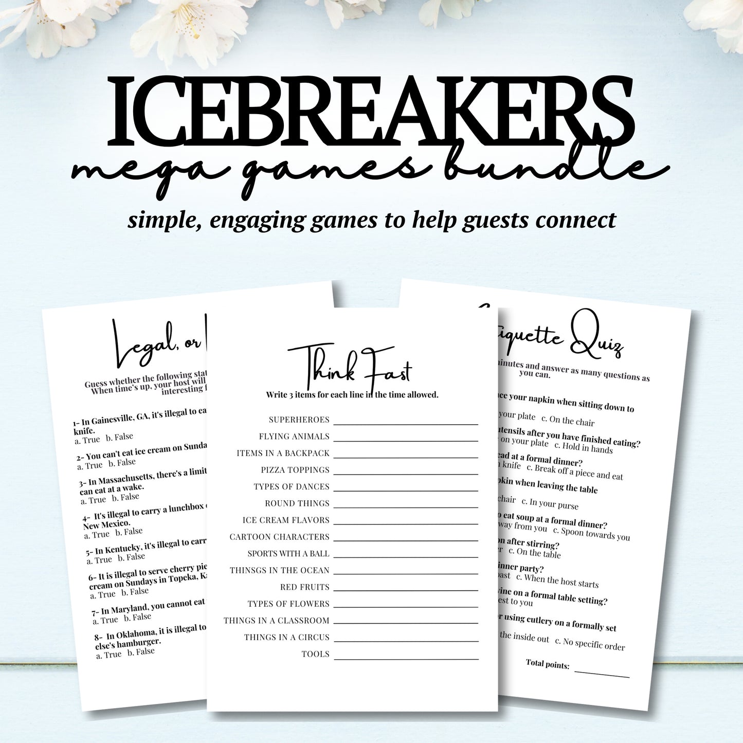 Icebreakers mega games bundle with three game sheets on a light blue background.