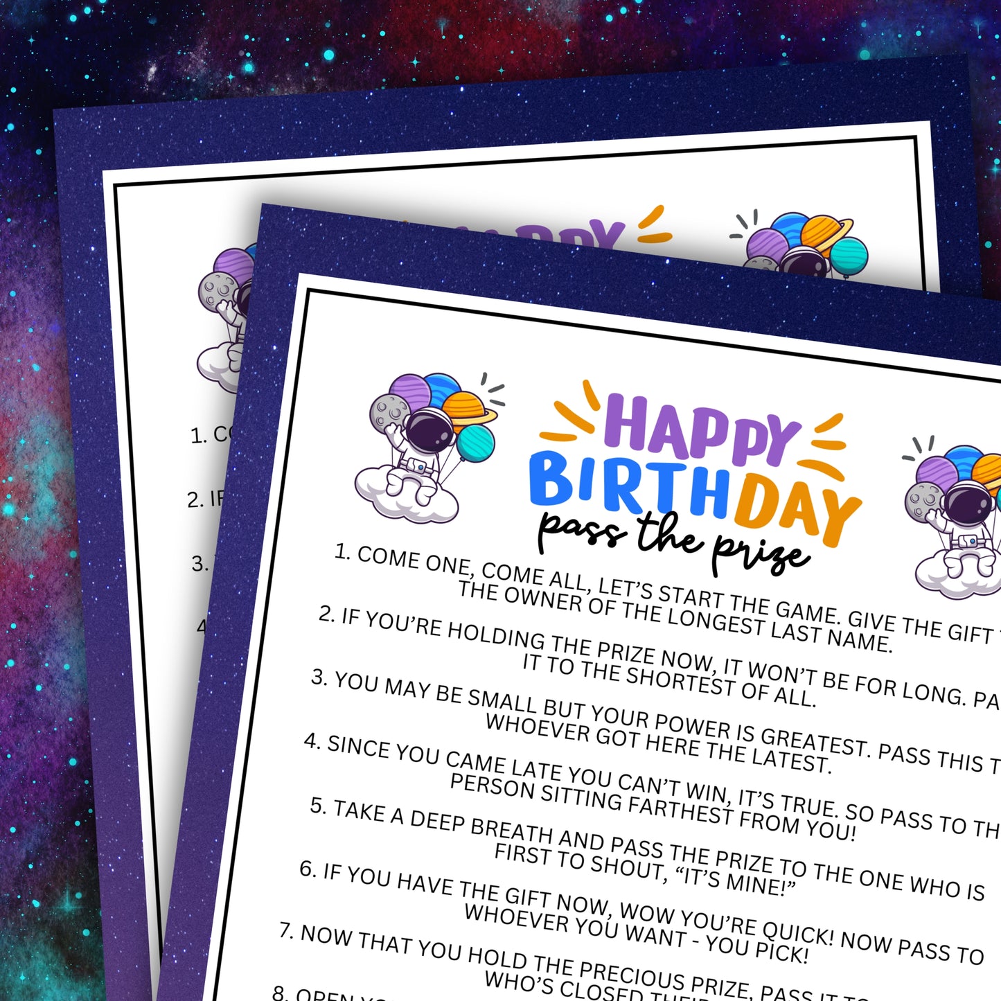 Looking for an exciting and engaging activity to keep the everyone entertained and engaged at your special boy's space-themed birthday celebration?  Whether you've got kids, teens, adults, and even seniors in your gathering or group, this fun Pass The Prize game from Party Prints Press is just what you need!