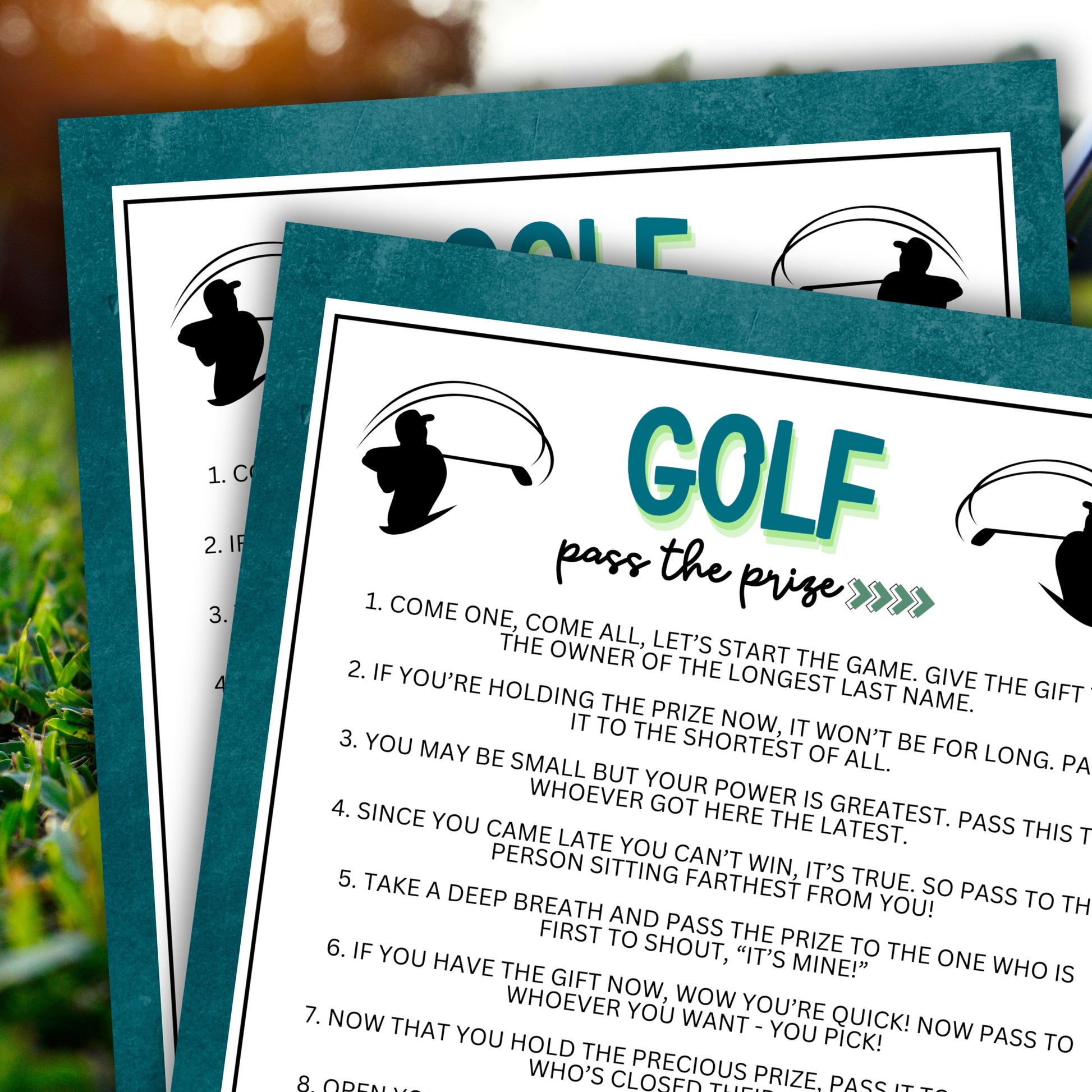 Are you looking for an entertaining and interactive activity to encourage guests to socialize and have a great time at your golf-themed event, golf outing, bachelor party, charity golf event, or other golf-related gathering?  Whether you've got kids, teens, adults, and even seniors in your gathering or group, this fun Pass The Prize game from Party Prints Press is just what you need!&nbsp;