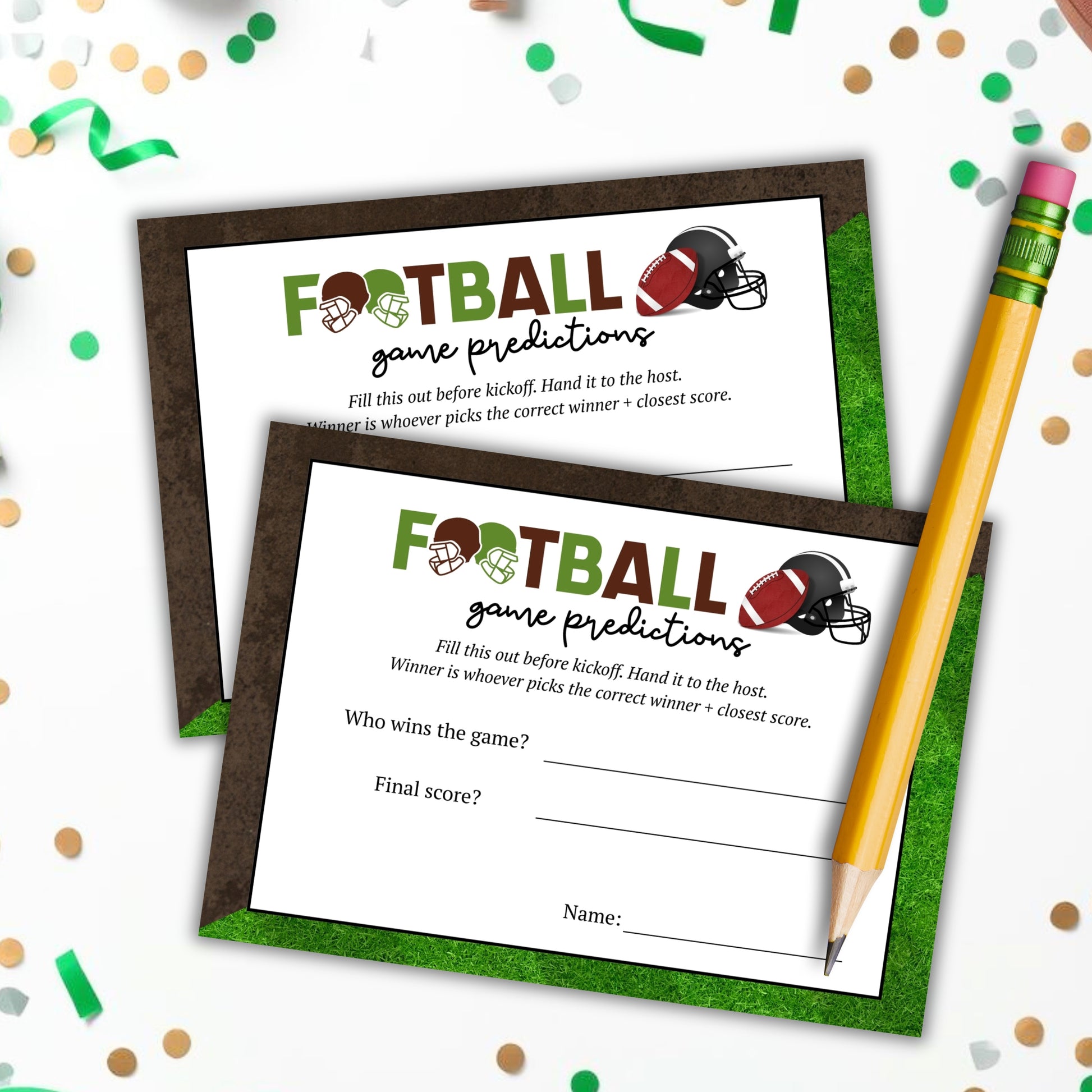 Two football game predictions sheets with a pencil on a festive background.