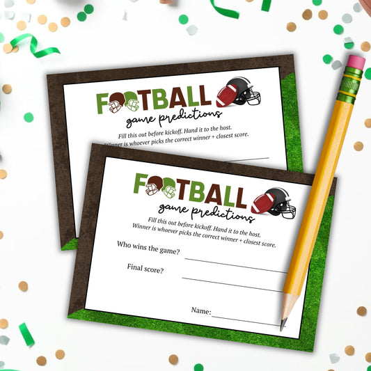 Two football game predictions sheets with a pencil on a festive background.