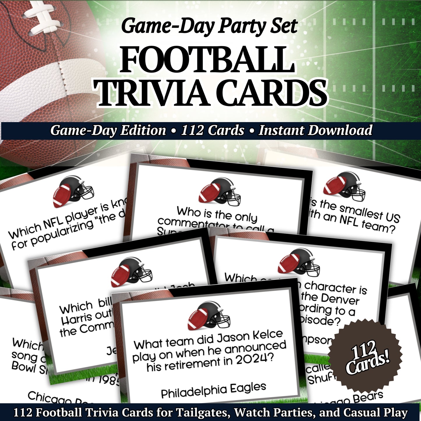 Cover image of Game Day Football Trivia Cards, perfect for Super Bowl parties