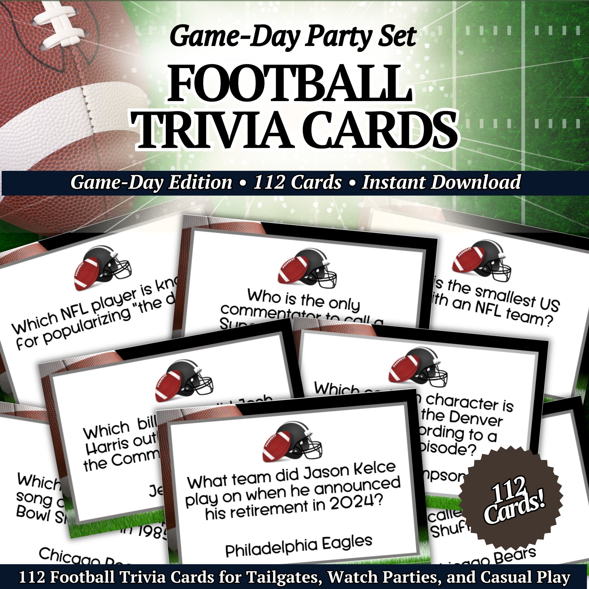 Cover image of Game Day Football Trivia Cards, perfect for Super Bowl parties