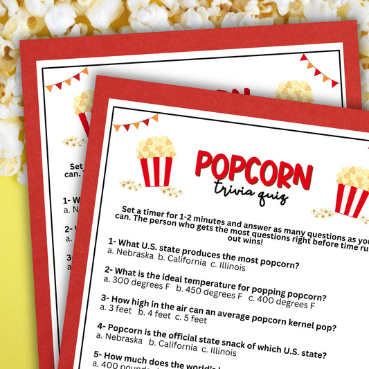 Are you looking for a unique and entertaining activity to add to your upcoming popcorn-themed birthday party, bridal shower, baby shower, fundraiser, office party, or other fun event?  If you need a last-minute idea to liven up your celebrations, this exciting Popcorn-Themed Trivia game from Party Prints Press is the perfect addition to your popcorn party or popcorn bar theme!