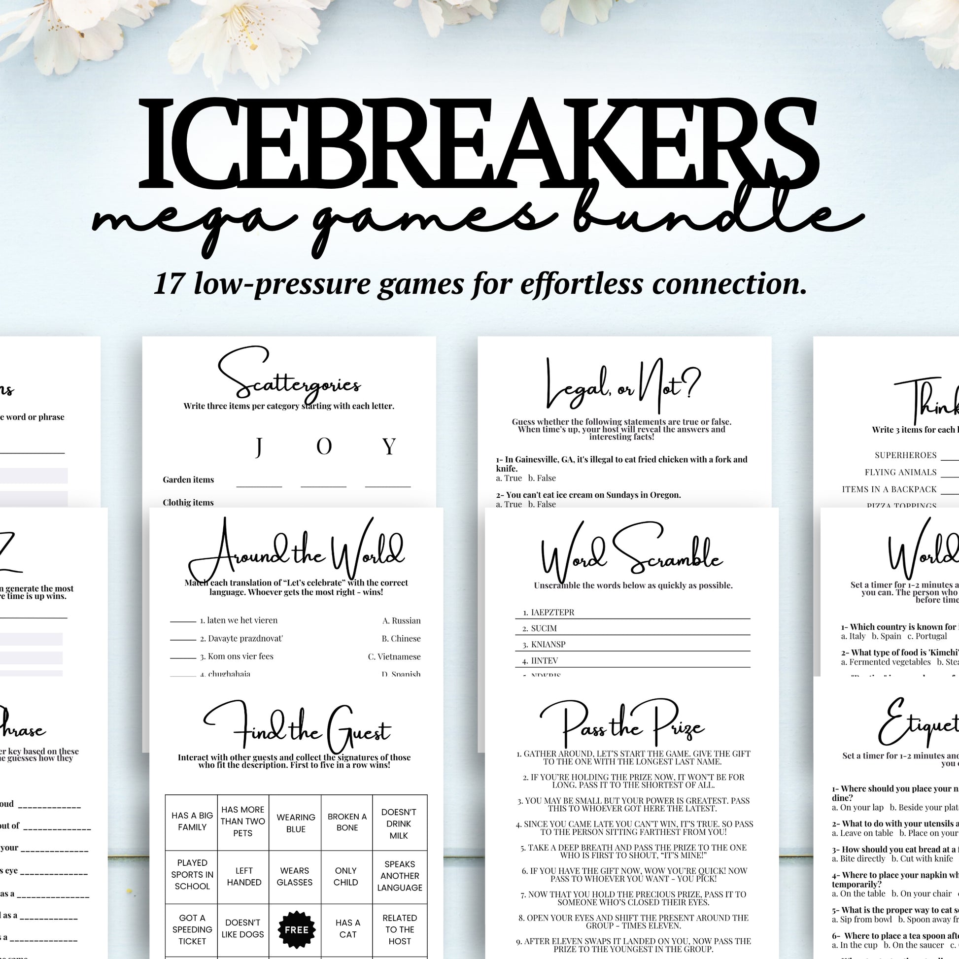 Icebreakers mega games bundle with various games on a light blue background