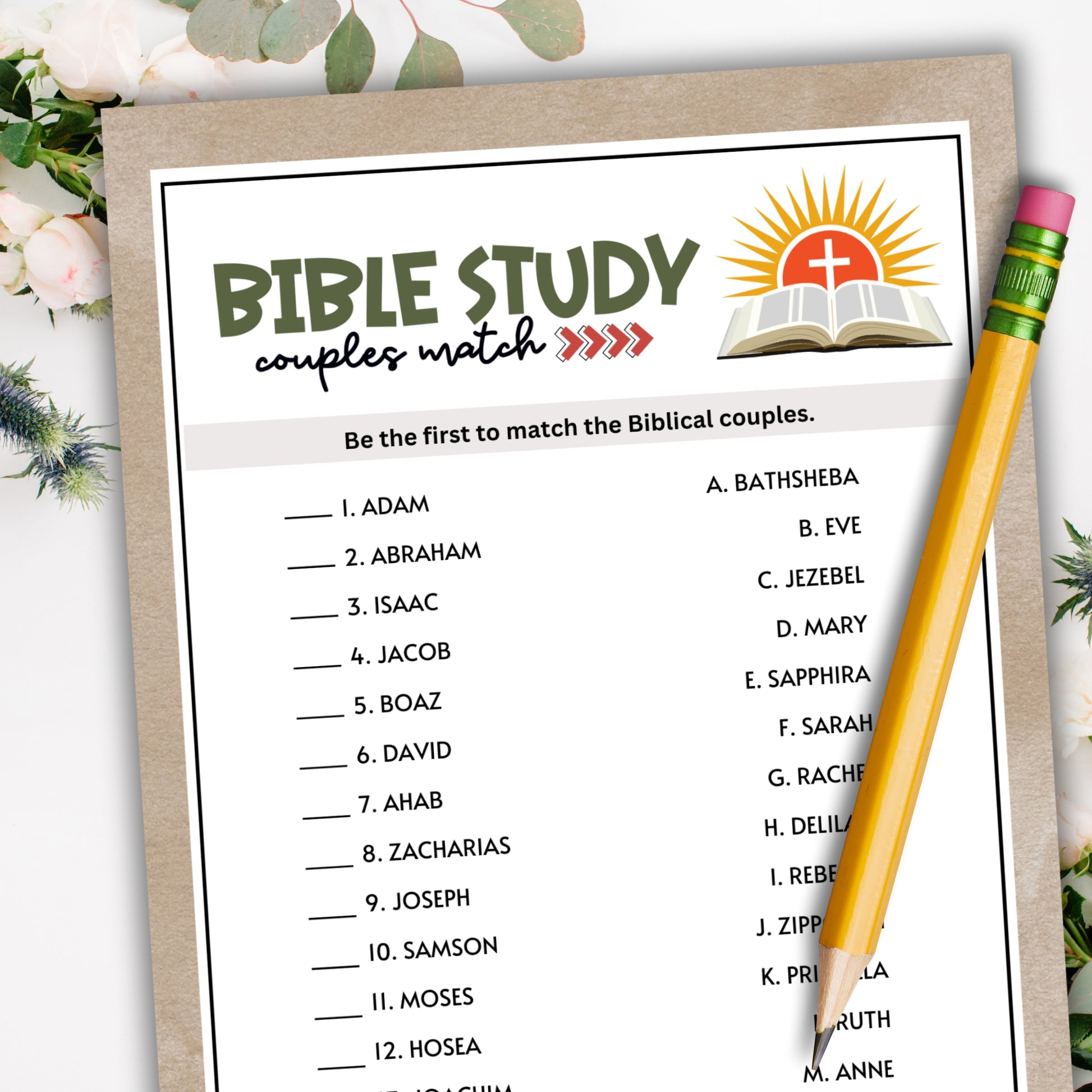 Looking for a fun game to play at your next Bible Study session, church fellowship meeting, ladies' luncheon, women's ministry retreat, or other faith-filled celebration?  This "Famous Couples In The Bible" trivia game from Party Prints Press is just what you need!