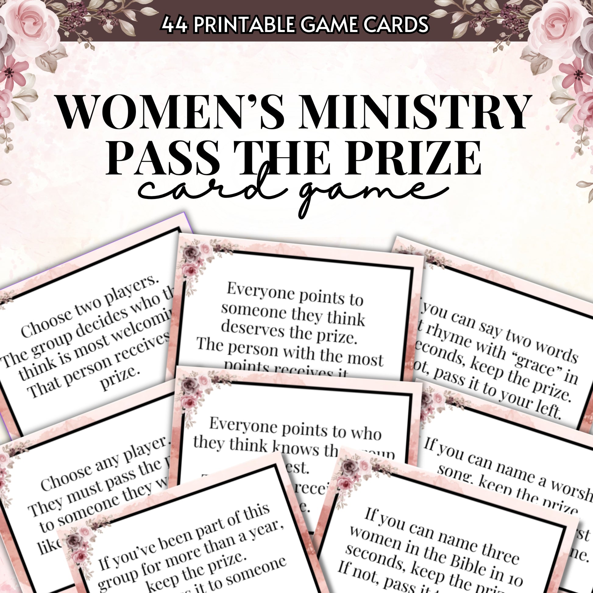 Women's Ministry Pass the Prize card game with floral design and text instructions.