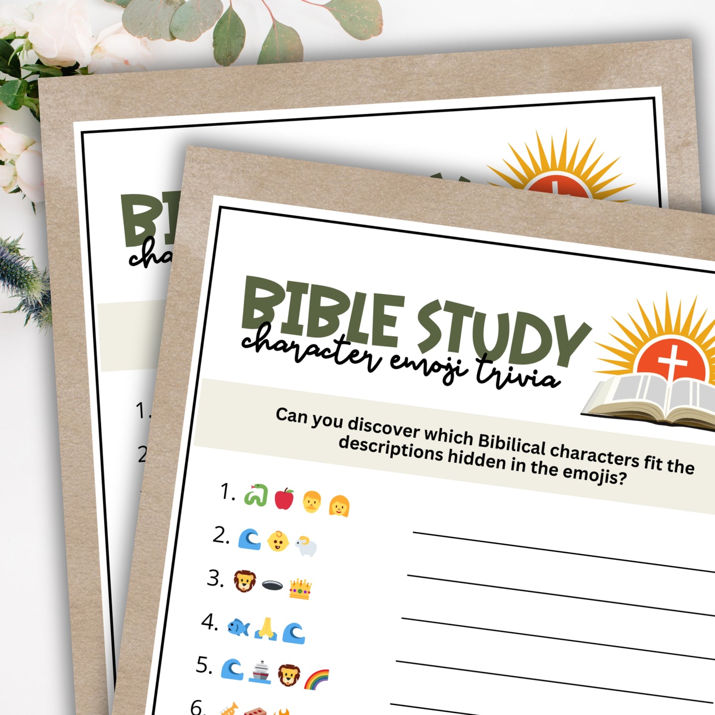 printable bible study character emoji trivia games on a white floral background