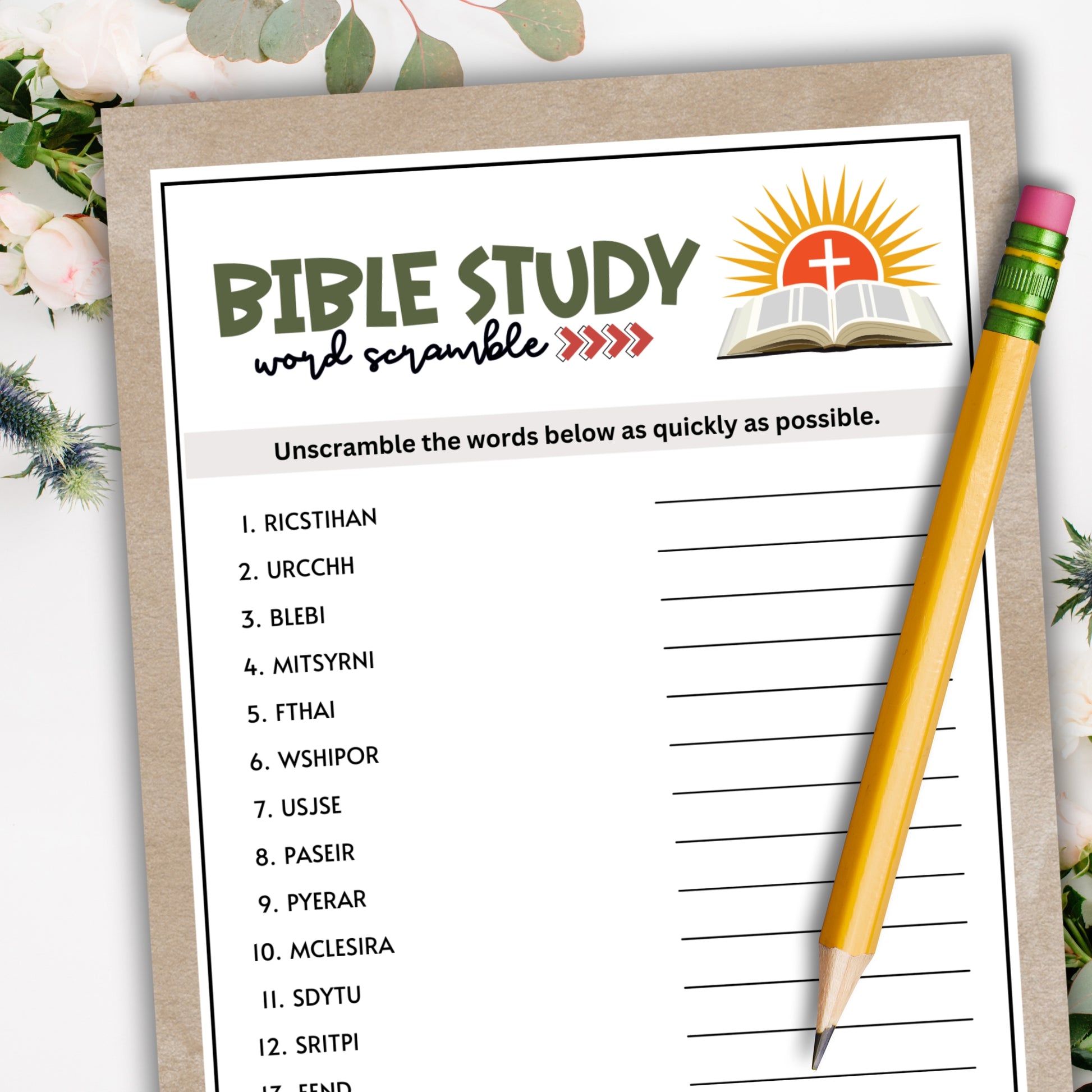 Looking for a cute and fun game to play at your next Bible Study meeting?&nbsp;  This Bible word scramble game from Party Prints Press is just what you need!  Each player receives a game card with a list of scrambled words. Their job is to unscramble the letters as quickly as possible!