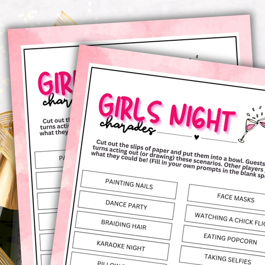 Looking for a fun activity to add some excitement to your girls' night gathering? Look no further than this Girls' Night Charades game from Party Prints Press!
