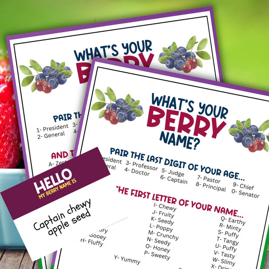 Whether you're celebrating your little one's berry 1st birthday party, hosting a baby shower, or need a cute and fun icebreaker party game to bring people together, this "What's Your Berry Name" printable game from Party Prints Press is just what you need!