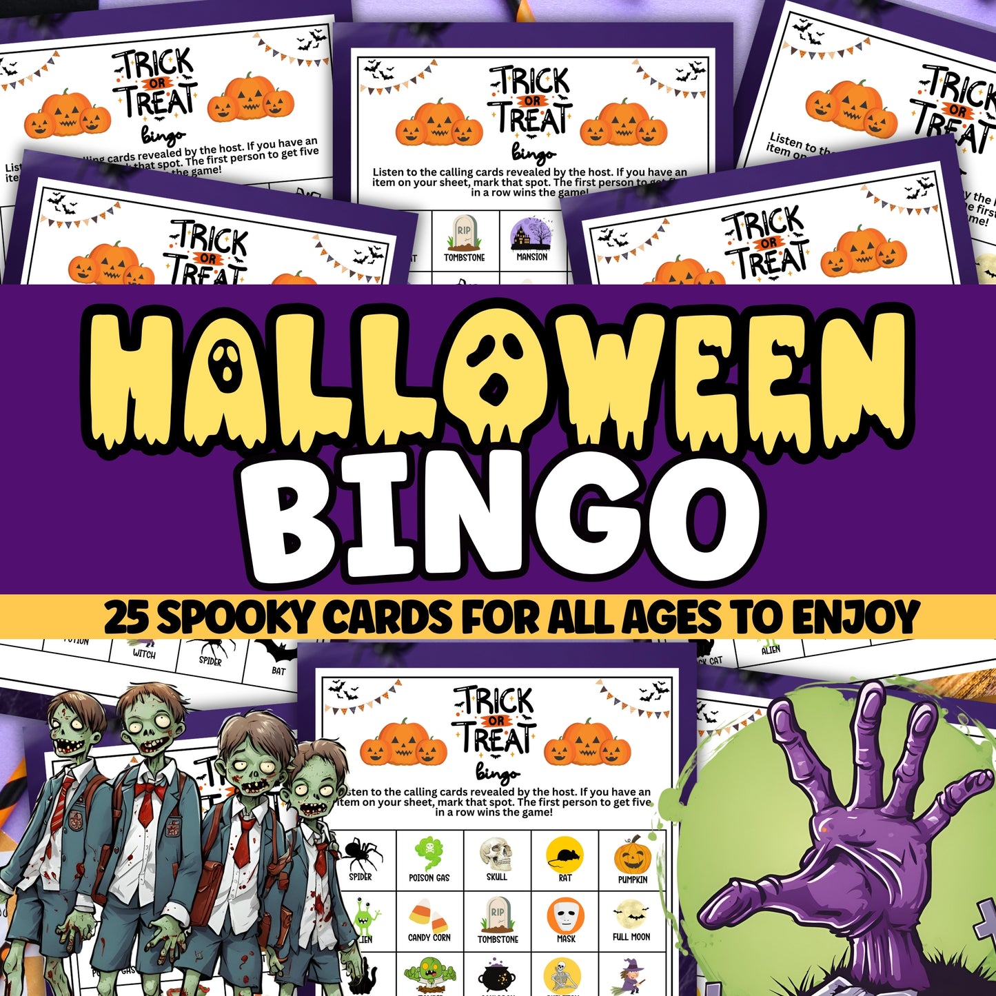 Halloween Trick or Treat Bingo Game - Spooky Fun for Parties, Classrooms, and More!  Looking for a spooktacular, colorful, and fun activity for Halloween parties, classrooms, and community events? This adorable "Halloween Trick or Treat" Bingo game from Party Prints Press is just what you need!  This printable game is perfect for all ages, and will keep everyone relaxed, entertained, and in the spooky spirit of Halloween.  Why you'll love this game...