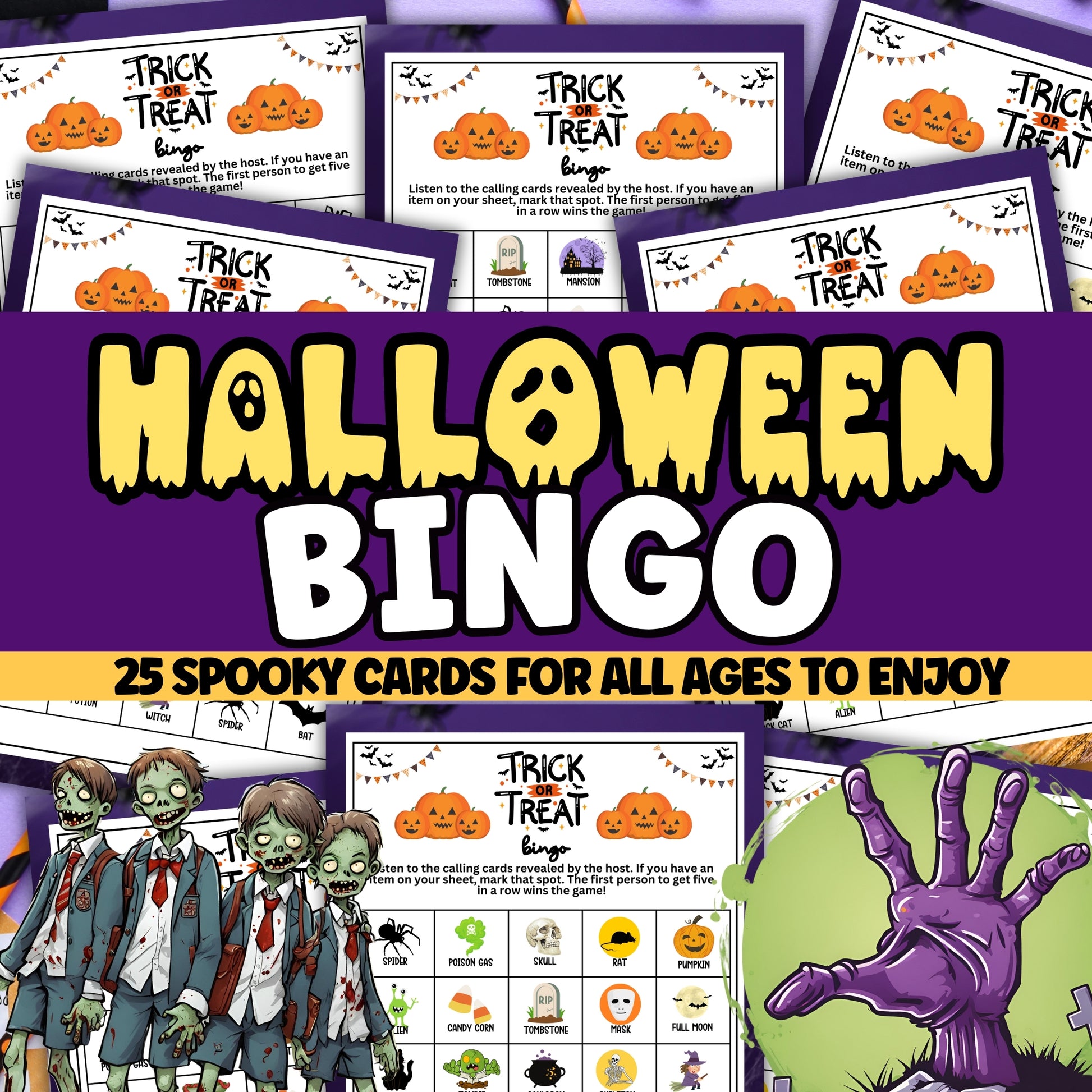 Halloween Trick or Treat Bingo Game - Spooky Fun for Parties, Classrooms, and More! Looking for a spooktacular, colorful, and fun activity for Halloween parties, classrooms, and community events? This adorable "Halloween Trick or Treat" Bingo game from Party Prints Press is just what you need! This printable game is perfect for all ages, and will keep everyone relaxed, entertained, and in the spooky spirit of Halloween. Why you'll love this game...