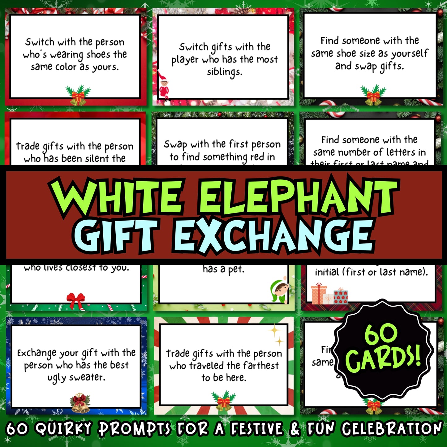 Bring the ultimate holiday fun to your next party with this White Elephant Gift Exchange Game! Perfect for office parties, family gatherings, or any festive occasion, this deck of printable cards will ensure a good time for all.