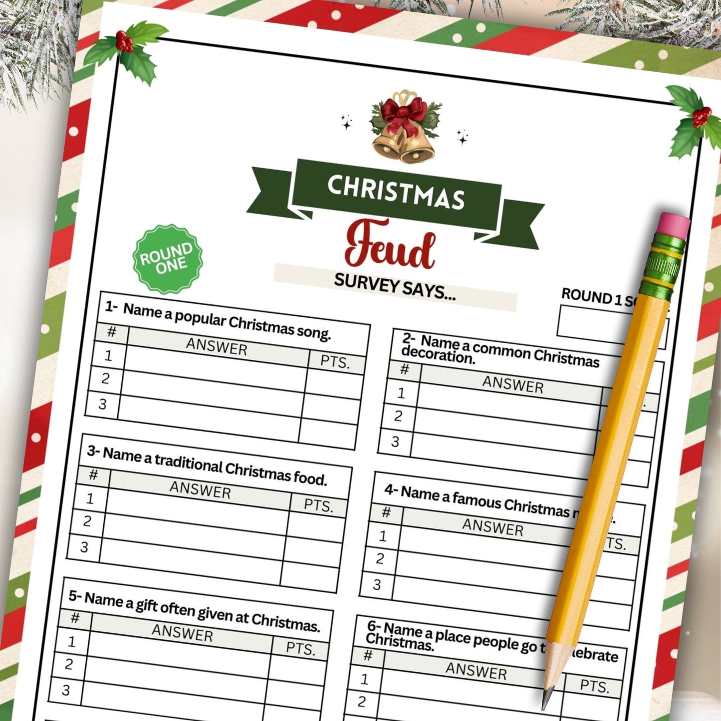 Christmas Friendly Feud - Festive Fun for Your Holiday Celebration!  This printable Christmas Friendly Feud game is the perfect last-minute idea for your holiday festivities!  Whether you're hosting a family gathering or just looking for something fun to do with loved ones, this game is sure to be a big hit.