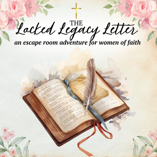 Open book with feather, decorative text, and floral elements on a light background