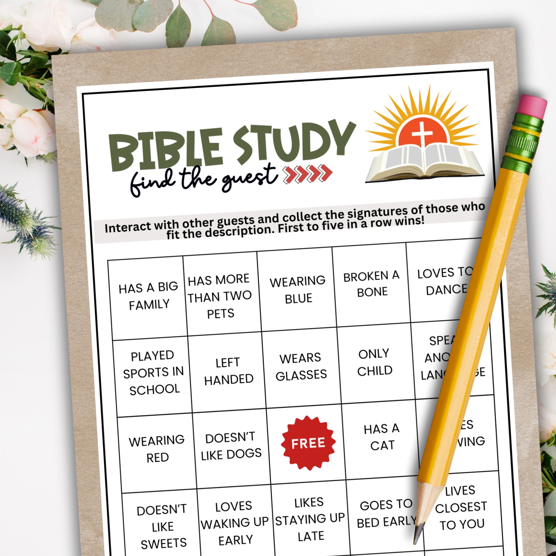 Created just for Christians who want to fellowship with others in their walk with God (and have fun, too!), this Bible Study Find The Guest BINGO card game is just what you've been looking for.