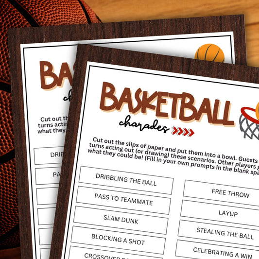 Looking for a fun and engaging activity to bring some excitement to your basketball-themed events? Look no further than this Basketball Charades game from Party Prints Press!   Perfect for games, practices, team bonding sessions, basketball camps, birthday parties, fan gatherings, youth leagues, and other basketball-related occasions, this printable charades game is a fantastic addition to your activities.