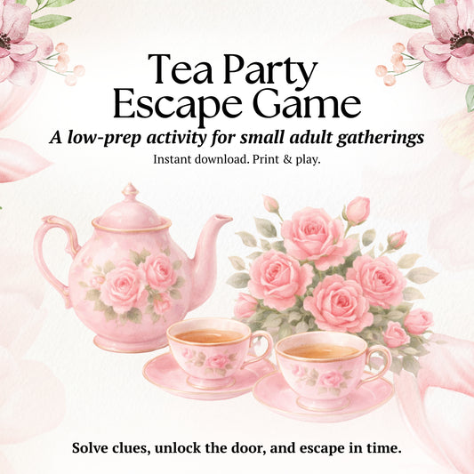 Tea party-themed escape game flyer with pink teapot, cups, and flowers on a light background.