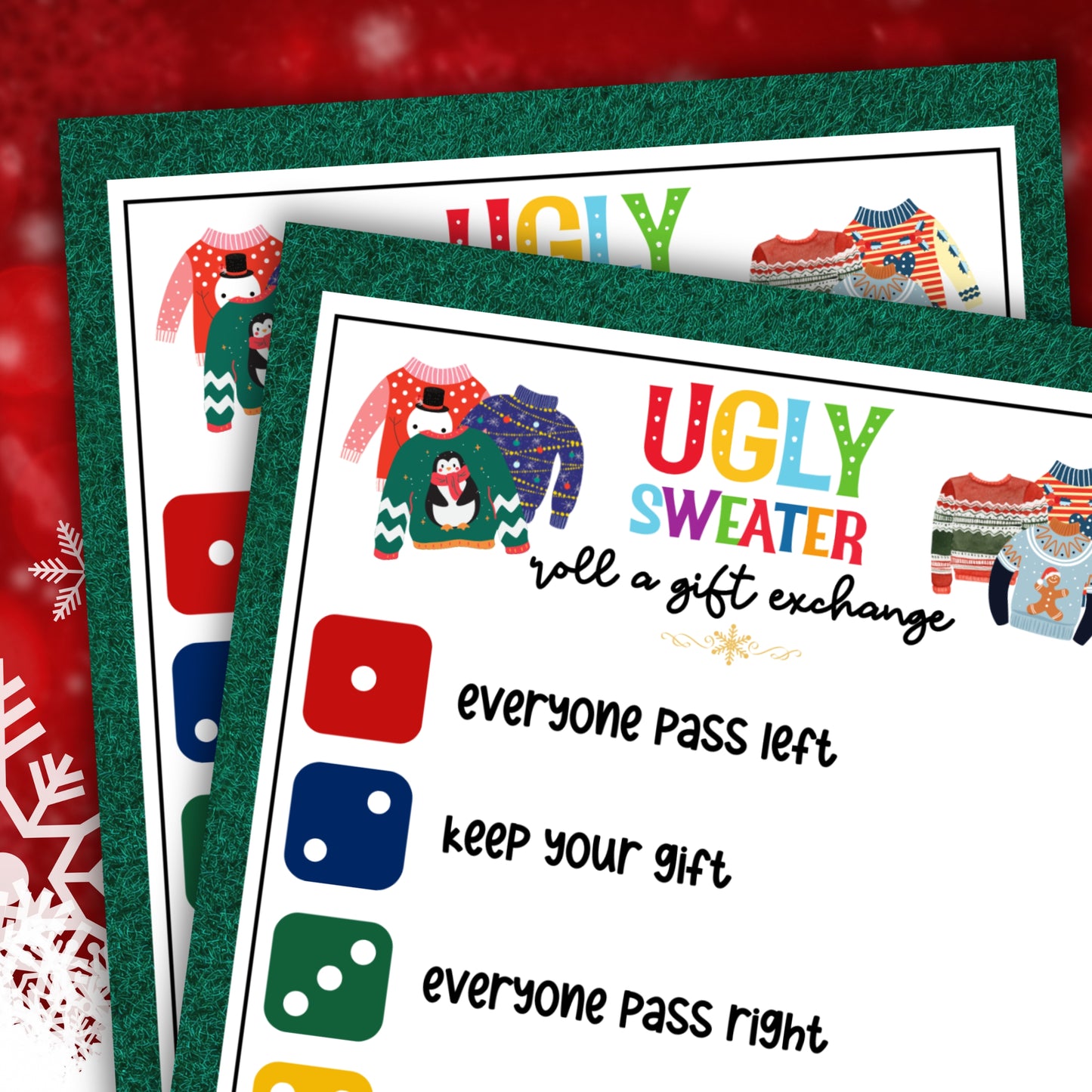 ugly sweater roll a gift exchange white elephant christmas game cards on a red snow background