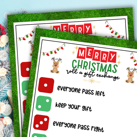 Merry Christmas Roll A Dice White Elephant Gift Exchange Game Printable worksheets overlaid on a light blue background