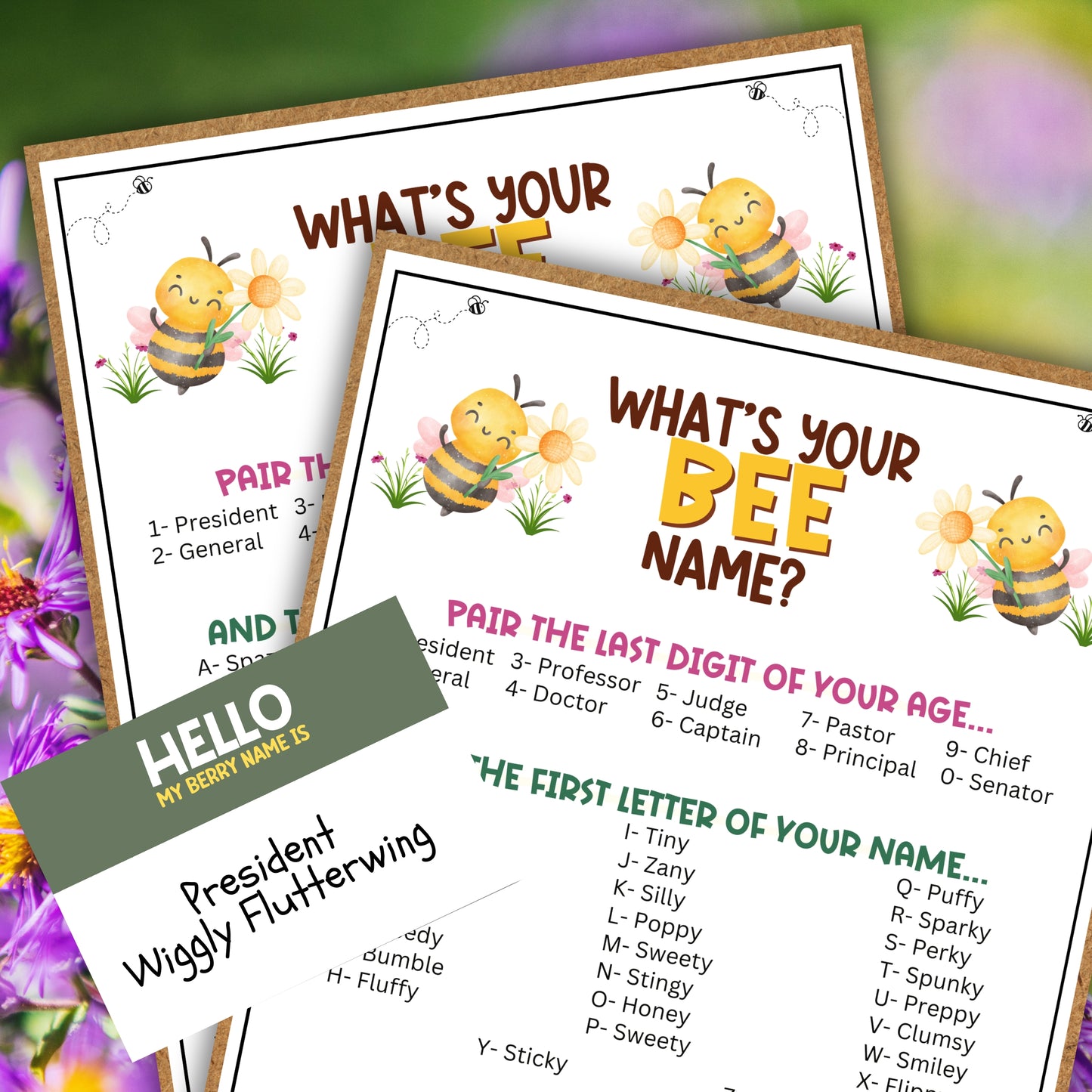 Whether you're celebrating your little one's 1st birthday party, hosting a baby shower, or need a cute and fun icebreaker party game to bring people together at a gender reveal, this "What's Your Bee Name" printable game from Party Prints Press is just what you need!